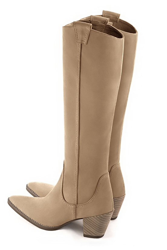 Tan beige women's cowboy boots. Tapered toe. Medium cone heels. Made to measure. Rear view - Florence KOOIJMAN